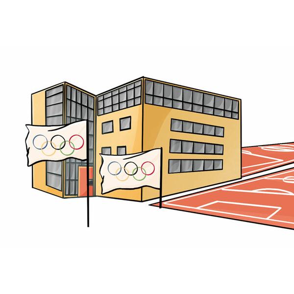 Illustration eines modernen Geb&auml;udes mit Olympiageldern und einer roten Sportfl&auml;che im Vordergrund.